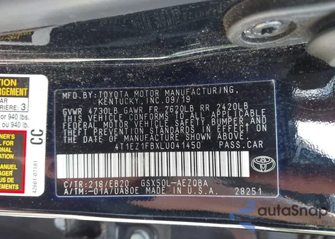 2020 Toyota Avalon Xse from USA, damaged, VIN 4T1EZ1FBXLU041450